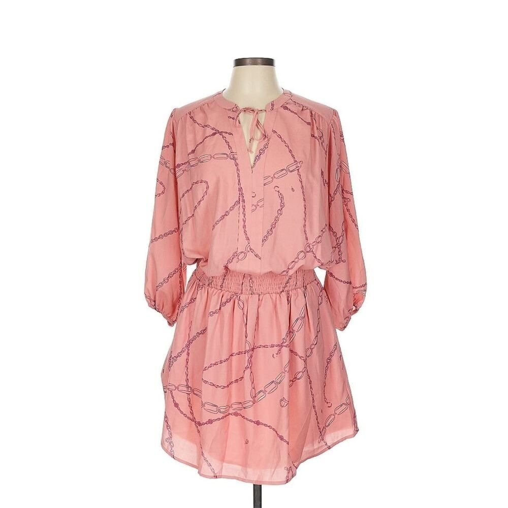 Kaari Blue Womens Chain Print‎ Katrina Dress Elastic Waist V Neck Blush Pink L